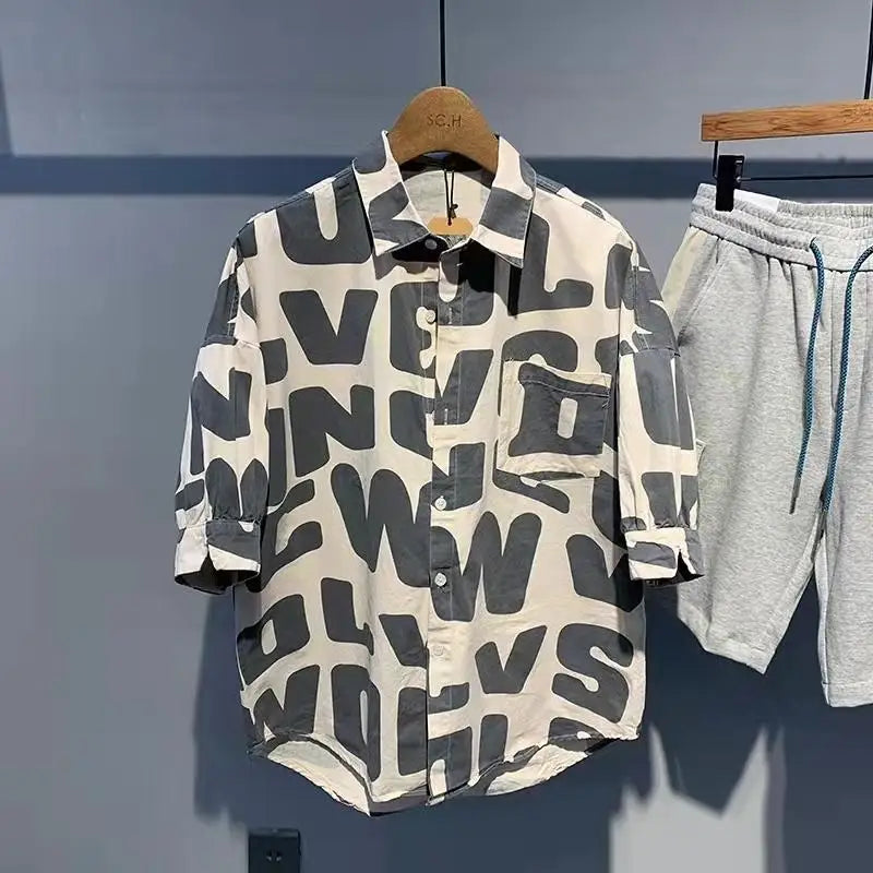 2024 Summer Trendy Men's Fashionable Lapel Full Body Letter Print High-end Versatile Casual Loose Oversized Short Sleeved Shirt