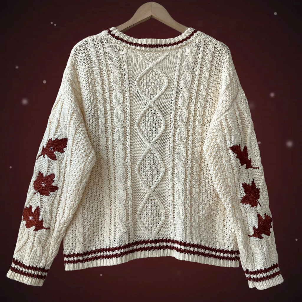 Autumn Leaves Knitted Cardigan Women Red Maple Leaf Embroidered Oversized Cardigan Folklore Girl Fall Winter Low V-neck Sweater