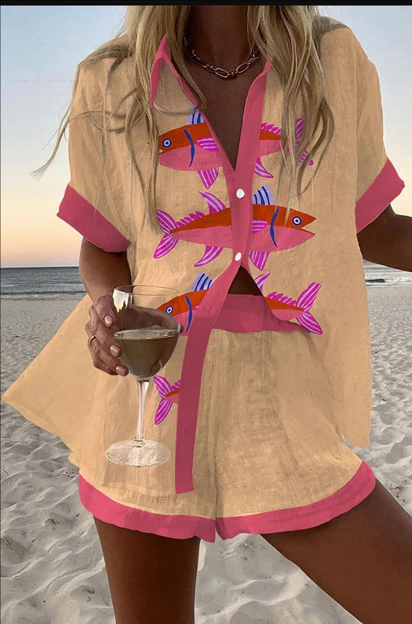 2025 New Summer Vacation Shorts Set 3D Printed Seaside Tropical Casual Lapel Shirt Blouse Top Shorts 2-Piece Suits Beach Holiday