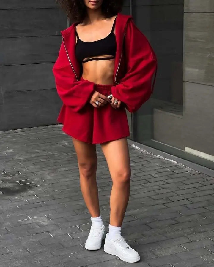 Women's Outfit Long-Sleeve Hooded Drawstring Sweatshirt Shorts Set Two-Piece Sets Sports Suit Sportswear Streetwear Trendy