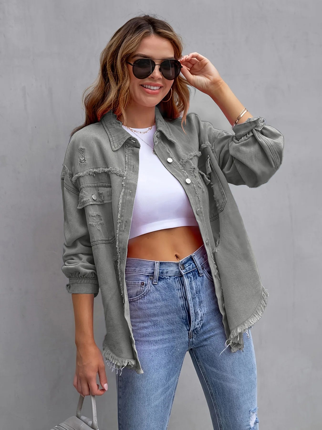 Women's Fashionable Solid Color Mid-Length Ripped Denim Jacket Long-Sleeved Spring Autumn Trend