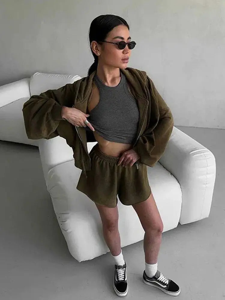 Women's Outfit Long-Sleeve Hooded Drawstring Sweatshirt Shorts Set Two-Piece Sets Sports Suit Sportswear Streetwear Trendy