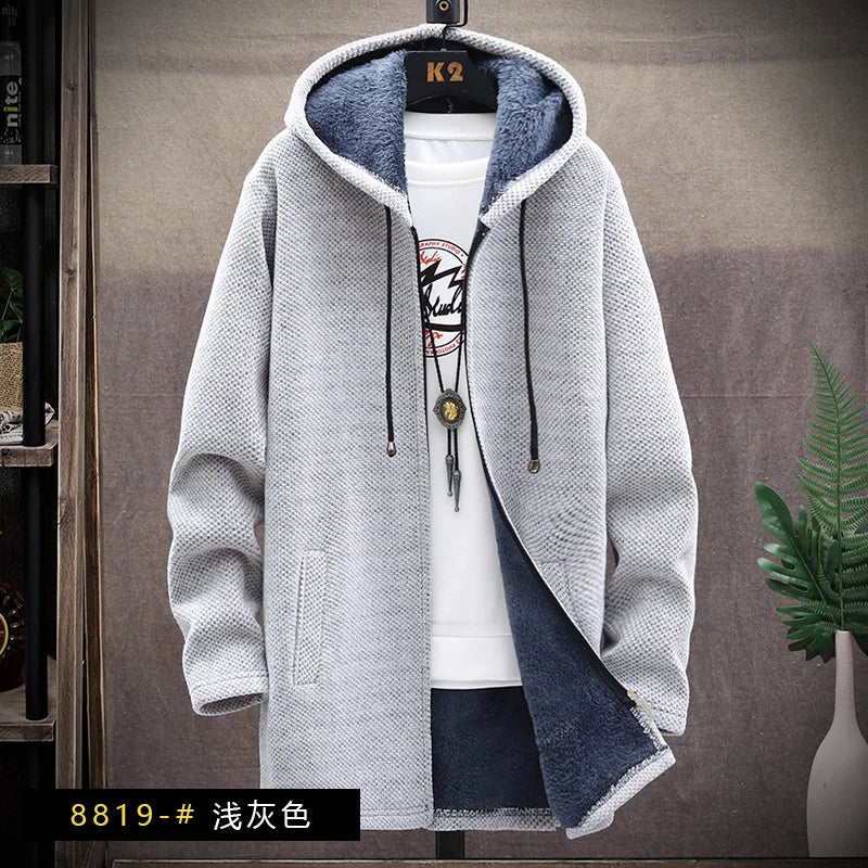 Men's Knitted Sweater Cardigan Thickened Fleece Hooded Casual Style Warm Outerwear Autumn Winter New Arrival Korean Version