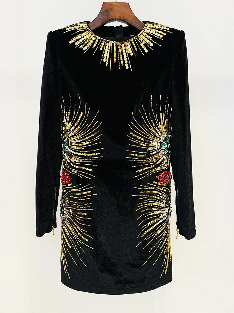 HIGH STREET Newest 2026 Designer Fashion Women's Long Sleeve Stunning Sequined Rhinestone Diamonds Beaded Velvet Dress