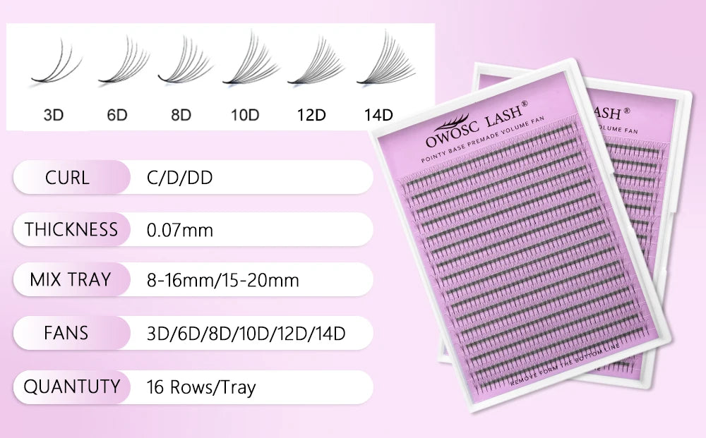 OWOSC 320 Fans Pointy Base Premade Volume Fans Medium Stem Sharp Thin Pre Made Russian Volume Fan Eyelash Extensions Custom Logo