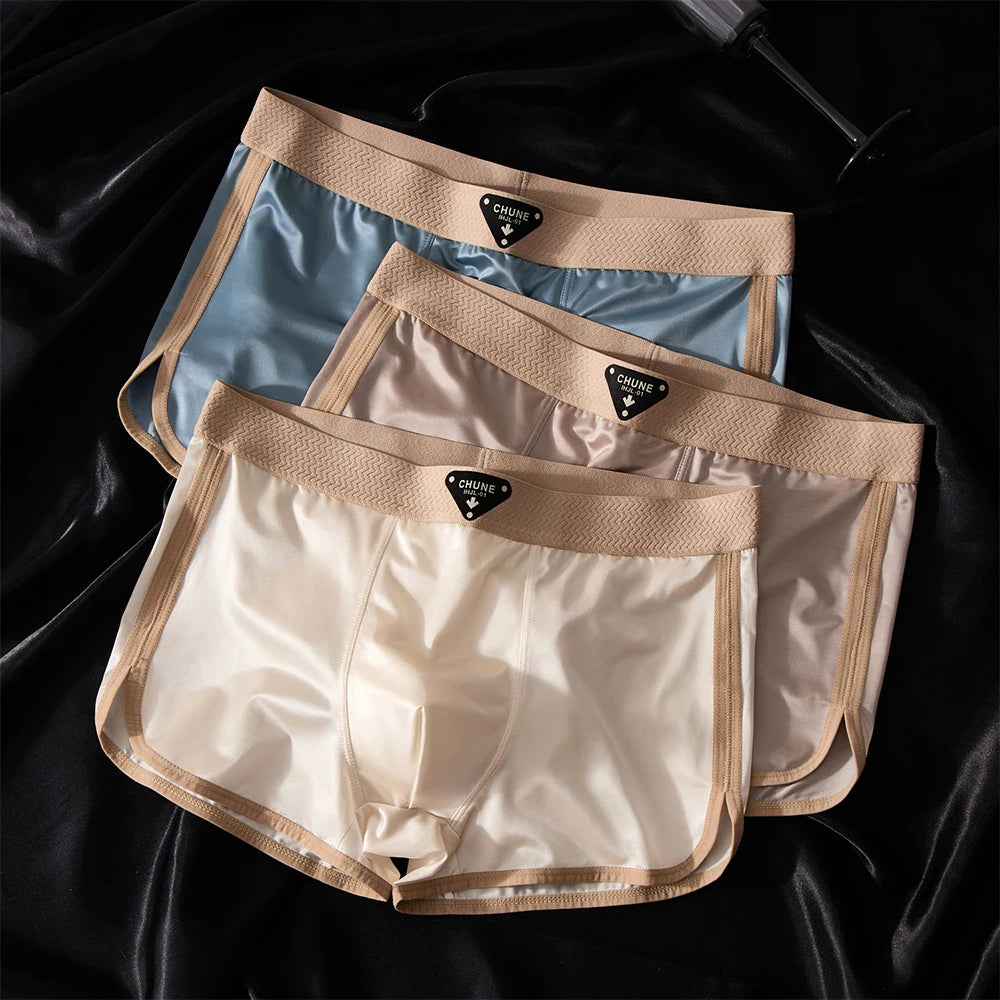 3PCS/Pack Luxury Ice Silk Satin-like Men's Underpants Double-layer Silk Crotch Panties Hygroscopic Breathable Underwear for Man