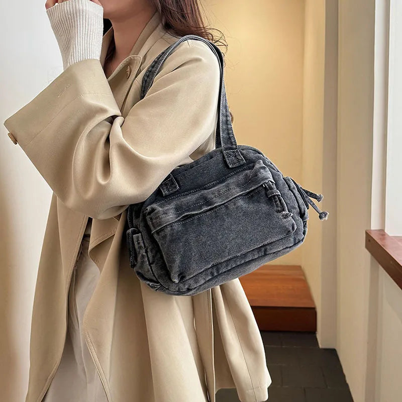 Trendy Vintage Denim Top Handle Bag Women Fashion Spring Shoulder Bag Casual Comfortable and Versatile Texture Storage Bag