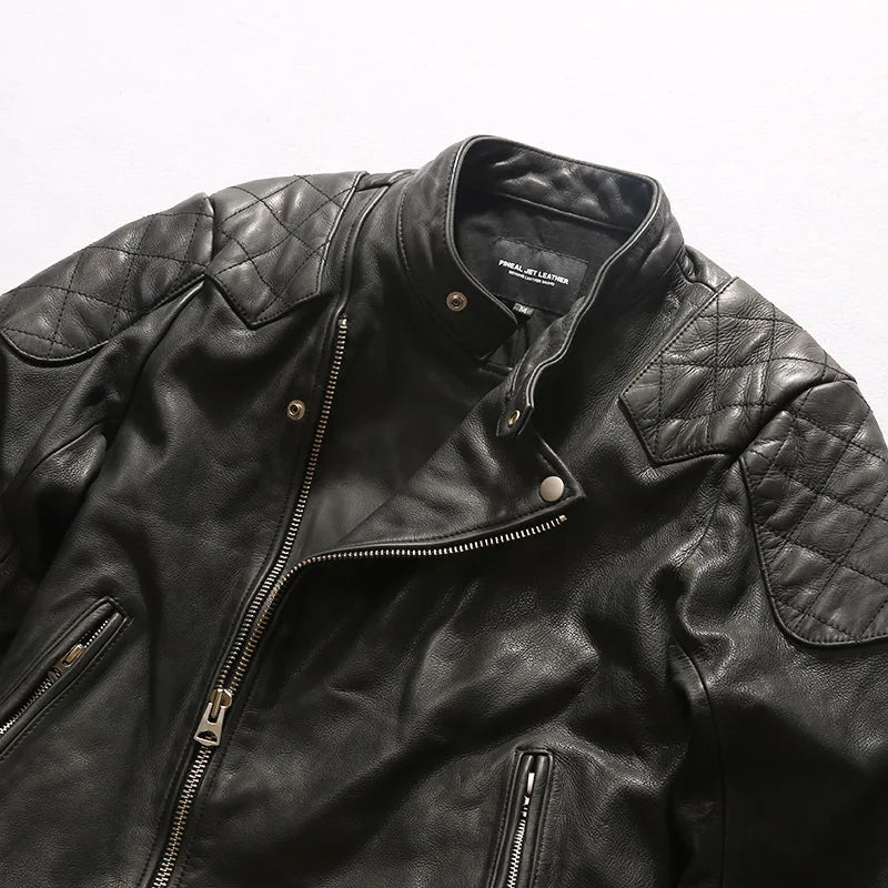 YR!Best.Heavy Thick Cowhide Motor Jacket.Mens Vintage Style Tanned Leather Coat.1.5mm Leather Rider Jacket.Slim Fit