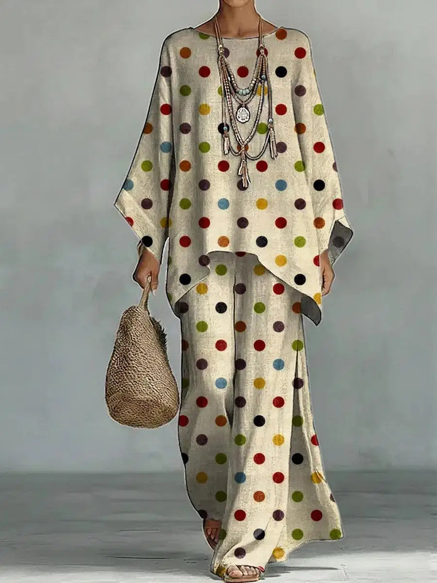 Bohemian Foreign Style Printed Women's Two-piece Set Spring Fashion O-neck Loose Top+wide Leg Pants Suit Ladies Office Outfit