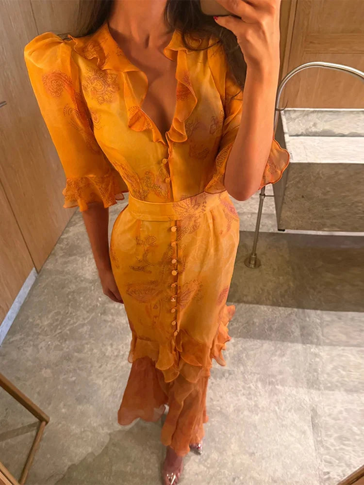 Organza Floral Printed Maxi Dress Women V Neck High Split Puff Sleeve Waist Cinching Ruffle Long Dresses Vacation Summer Outfits