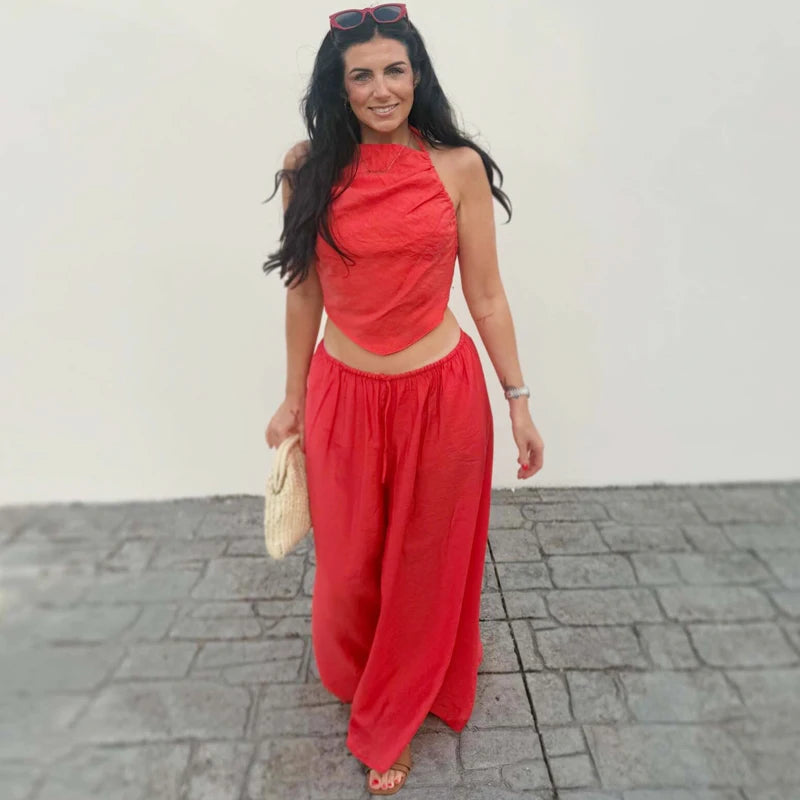 HXAO Red Ruffled Pants Sets Women's Suit Halter Crop Backless Sleeveless Top 2 Piece Set Chic High Waist Baggy Trousers Outfits