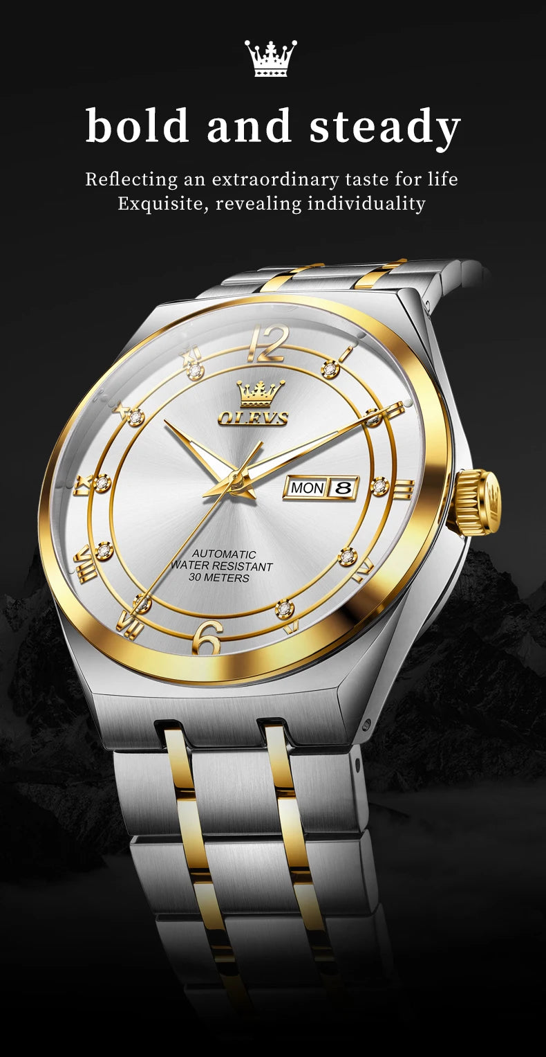 OLEVS 7068 Mens Watch Original Automatic Menchanical Wristwatch Waterproof Luminous For Men Sport Date Dual Calendar Design