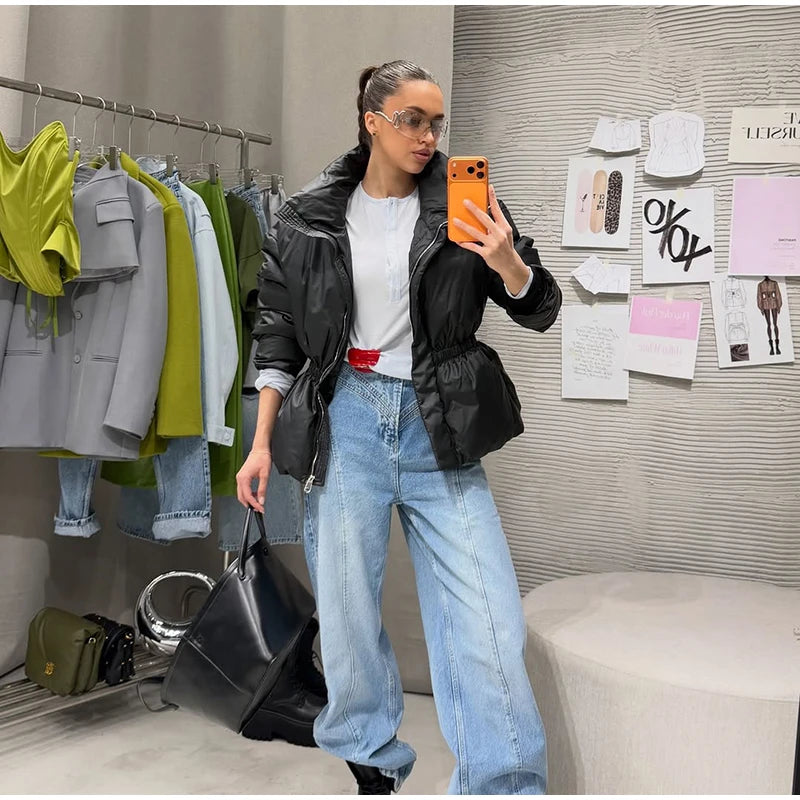 Casual Women's Waist Cinched Padded Cotton Coats Stand Collar Zipper Full Sleeve Coat 2026 Autumn Winter Lady Down Jacket New