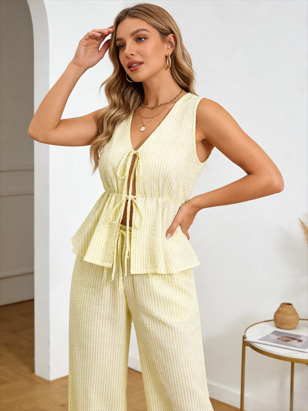 Spring/Summer Solid-Color Striped Set: Casual Tank Top, Tie-Front Tank Top, and Loose-Fit Tie-Front Solid-Color Pants