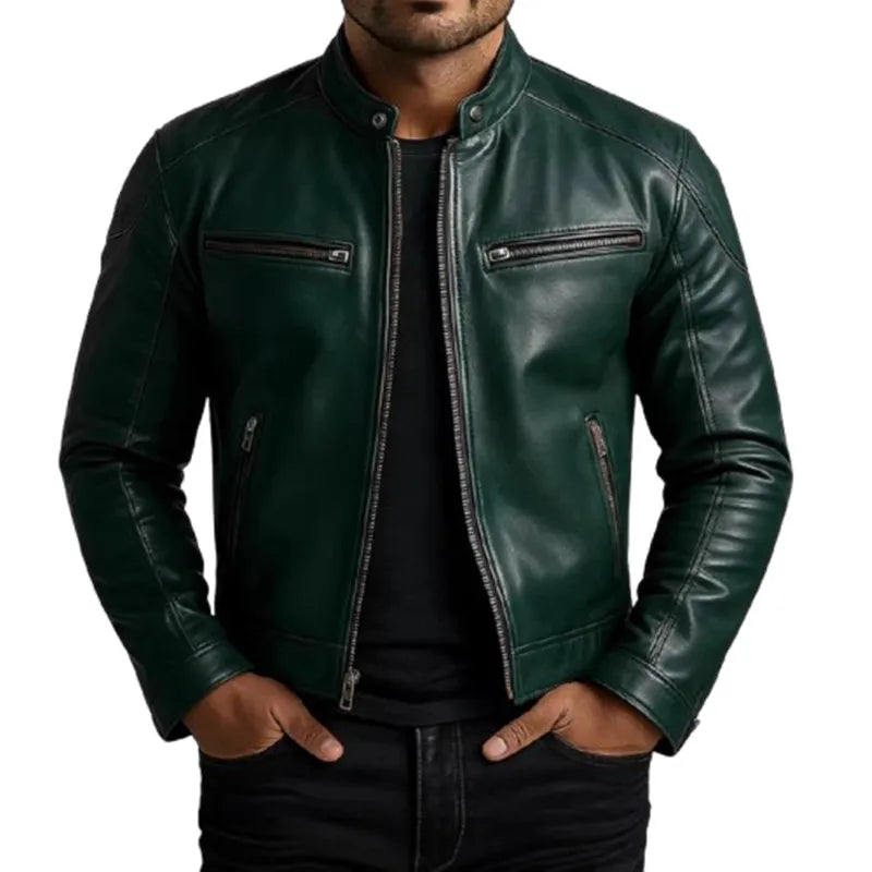 American Retro Men's Pu Leather Jackets Solid Slim Fit Punk Style Stand Collar Zipper Motorcycles Jacket Male Moto Biker Coats