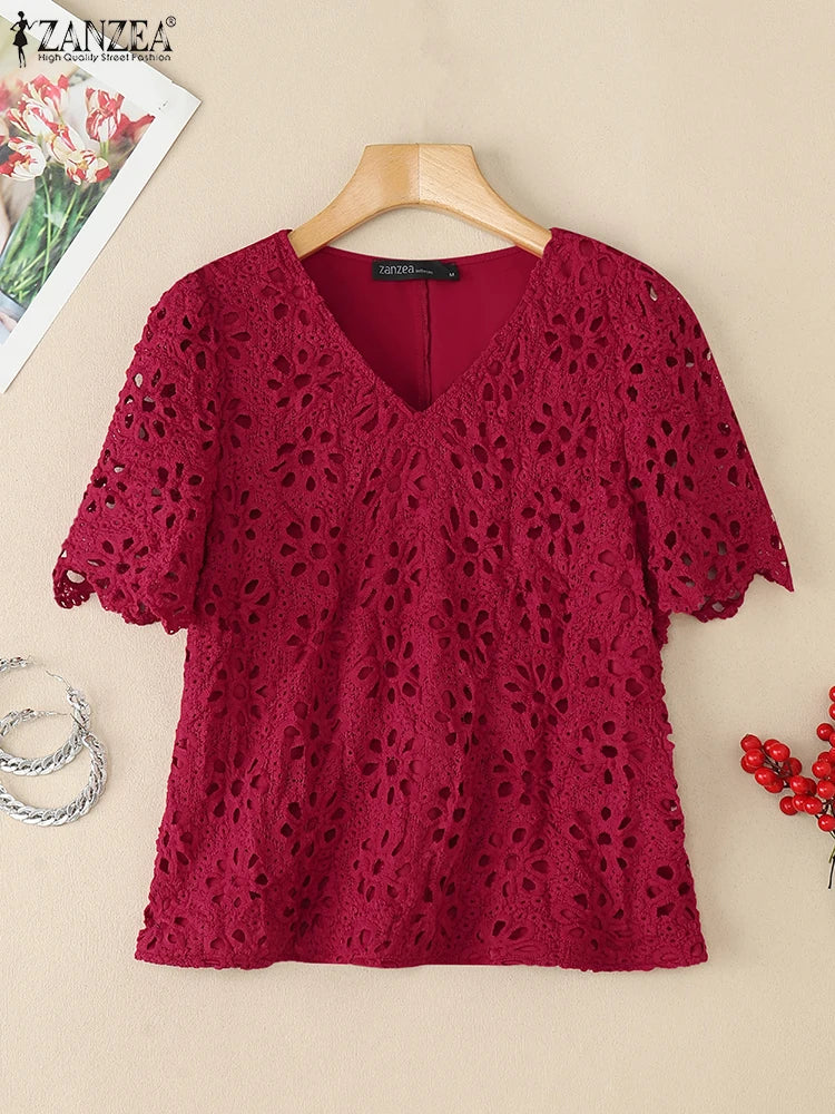 ZANZEA Summer Fashion Embroidered Openwork Blouses Women Casual V-Neck Short Sleeve Hollow Out Lace Blusas Mujer Solid Chemises