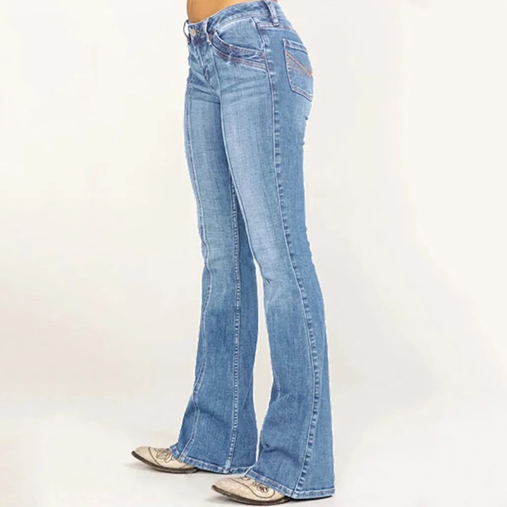 Women'S Jeans Denim Mid Waisted Denim Pants Embroidery Stretch Button Flare Pants Jeans 90s Vintage Clothes For Female