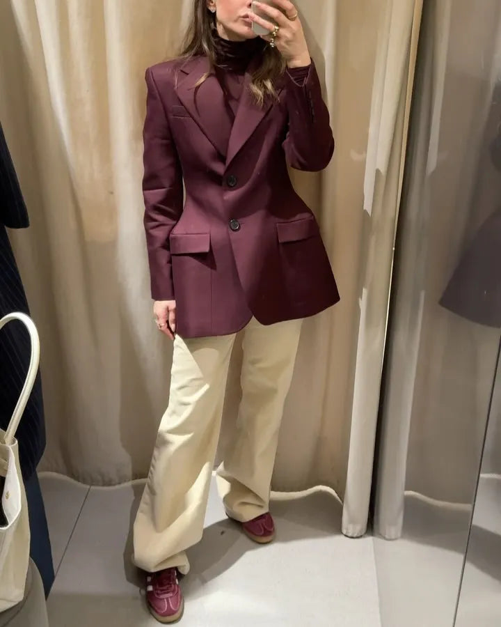 Women Burgundy Waist Cinching Blazer Coat Fashion Full Sleeve Lapel V-neck Button Slim Jacket 2026 Lady Spring Autumn Outwear