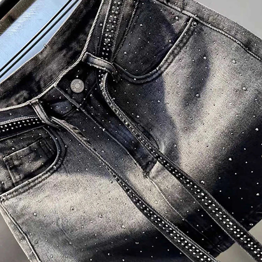 Oversize Retro Diamond Denim Mini Skirt for Women Summer High Waist Shiny Rivet Slim Skirts Gradient Black Grey Jean Skirts