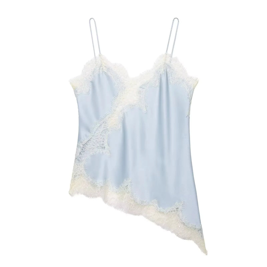 HH Women Fashion Lace Stitching Camisole Asymmetric Hem Sexy Backless Tank Top Summer Trend Lady Club Party Evening Chic Tops