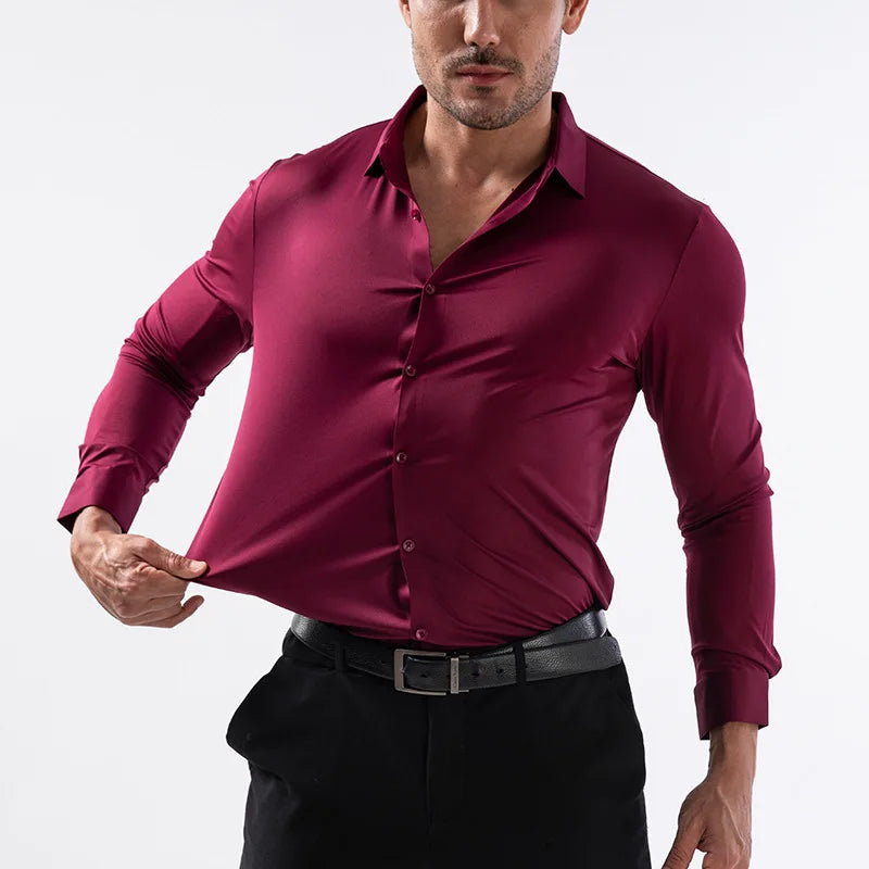 High Elastic Seamless Shirts Men Long Sleeve Muscle Sports Shirt European Size No Ironing Business Professional Workwear Causal