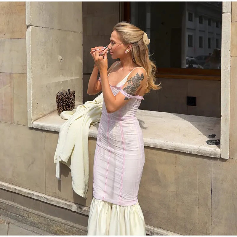 Sheer Mesh Overlay Spaghetti Strap Midi Dress Waist Cinched Sleeveless 2026 Summer Women Accessories Trendy Classy Lady Outfit