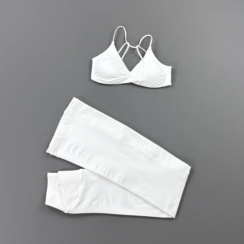 2Pcs Sports Set Women Seamless Front Tie Crossover Bra Crossover Waist Flare Leggings Sets Gym Fitness Workout Sports Sets