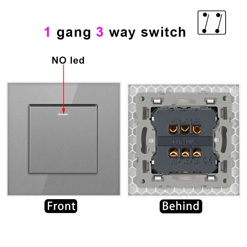 NYWP Luxury Crystal Tempered Glass Panel 1 Gang 2 Way Light Switch On / Off Wall Switch With LED Indicator 16A AC 250V