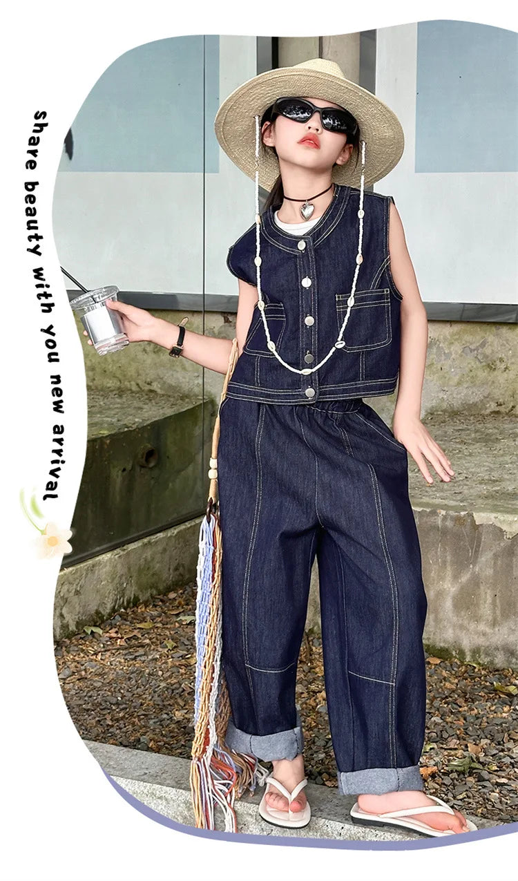 Summer teen Girls Denim Set 2024 Child Sleeveless Cowboy vest+Wide leg pants Two Piece junior kid jeans suit child outfits 10 12