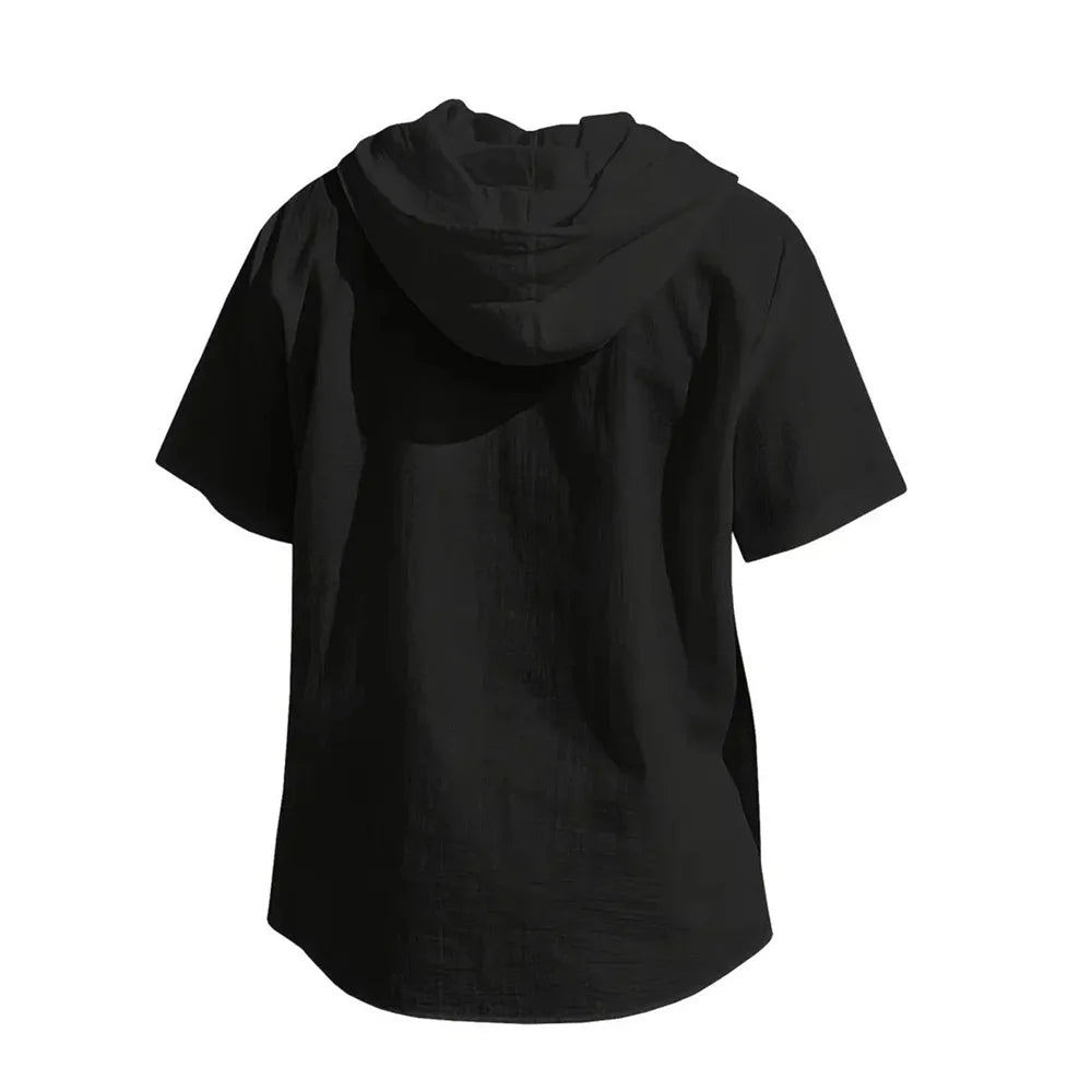 Cotton Linen Shirt for Men Hooded Short Sleeve Solid Color Breathable Lightweight Drawstring Design Shirts Casual Basic Tees