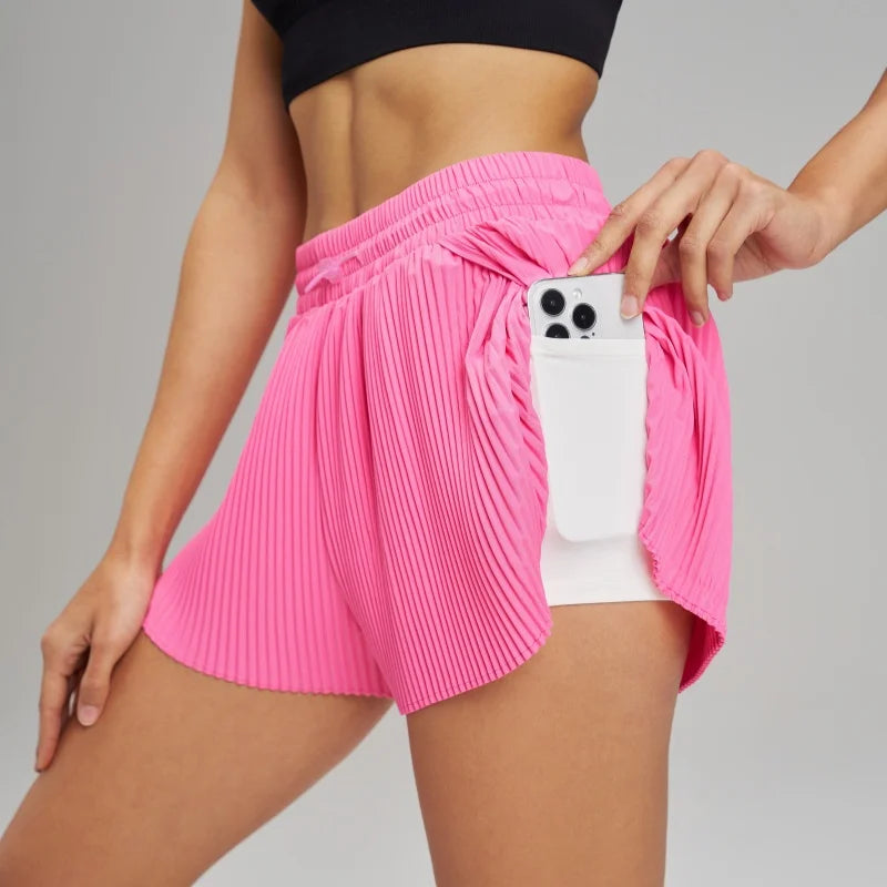 Fitness Sports Pants Women's High Waist Quick Dry Shorts Skirt Design Inner Lining Outdoor Running Shorts with Hidden Pocket
