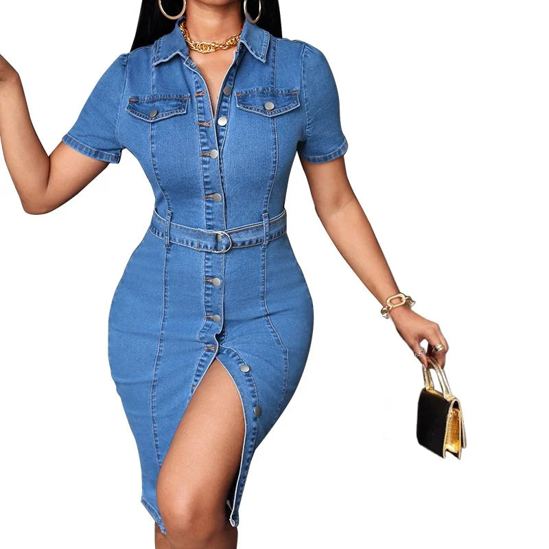 Streetwear Denim Dress Summer Clothes Women Turn Down Collar Short Sleeve Bodycon Midi Dresses Vintage Cowboy Jean Dress Vestido