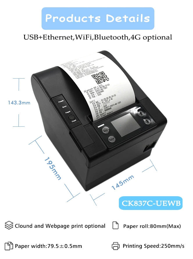 80mm POS Thermal Receipt Printer with Auto Cutter Wireless Bluetooth MQTT Cloud Bill Printing Machine