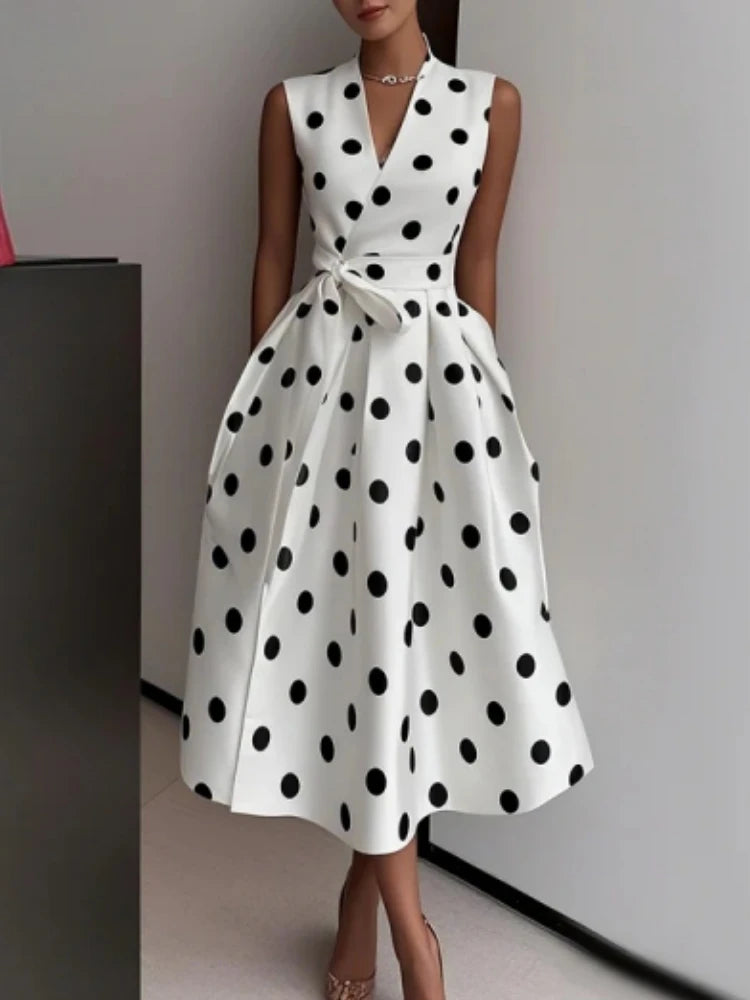 Summer Dresses for Women Sleeveless Retro Hepburn Polka Dot V-Neck Black White Pin Up Party Rope Big Swing Vestidos