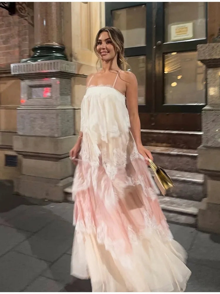 Romantic White Pink Tiered Lace Maxi Dress Spaghetti Straps Cross Back Tie Closure Flowy Skirt Women Date Party Vacation Outfit