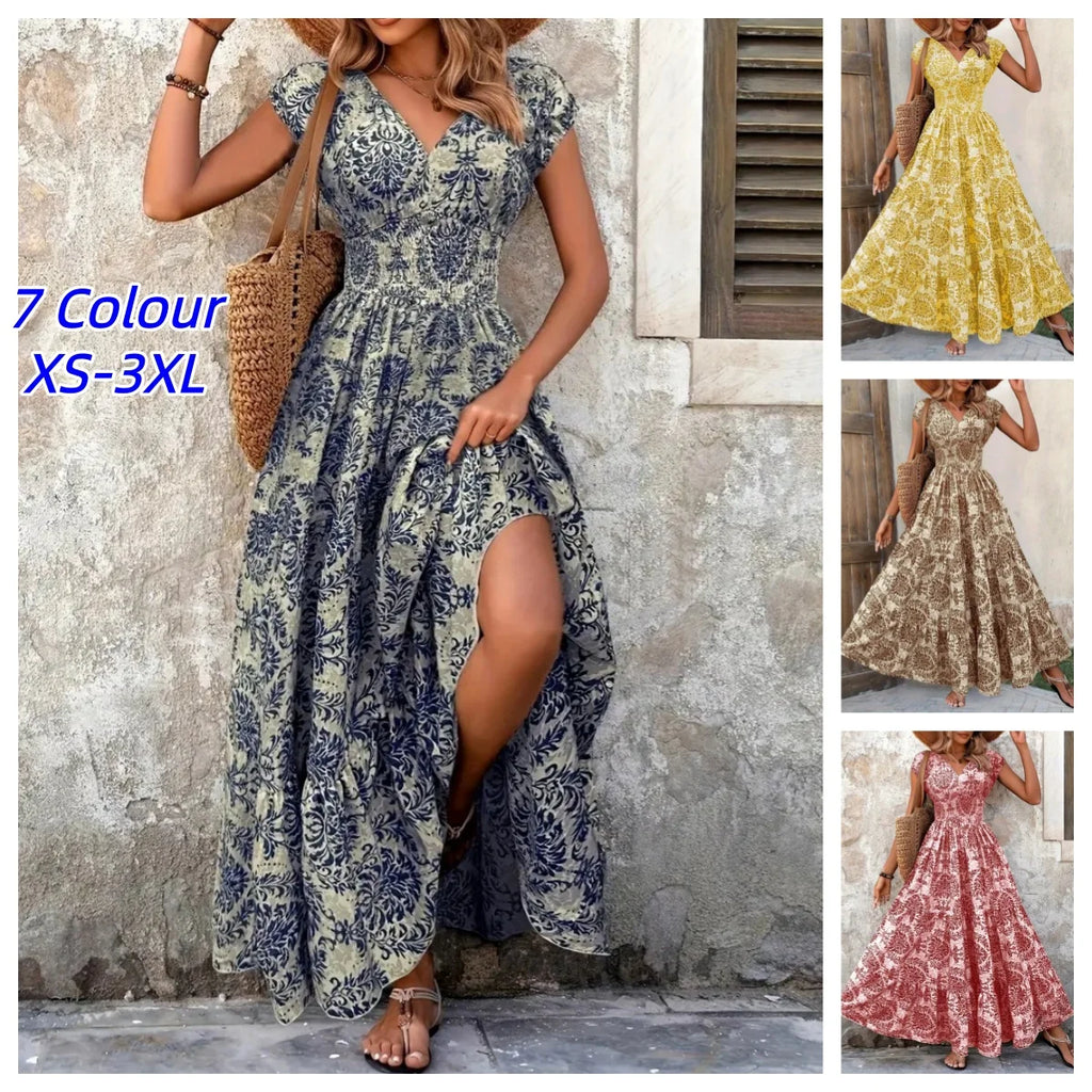 Women's Summer Retro Fashion Floral Printed Sexy V-neck Short Sleeve High Waist Medium Length Bohemian Loose Holidays Dresses