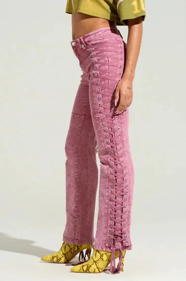 Europe America New Fashionable Women's Straight-leg High-waisted Jeans, Featuring Lace-up Straps and Drawstrings for Hot Girls