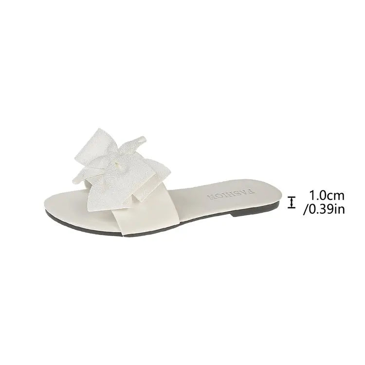 Womens Slip on Flat Sandals Big Bowknot Wide Strap Slides Mules Open Toe Casual Sweet Summer Beach Comfort Daily Walking Shoes