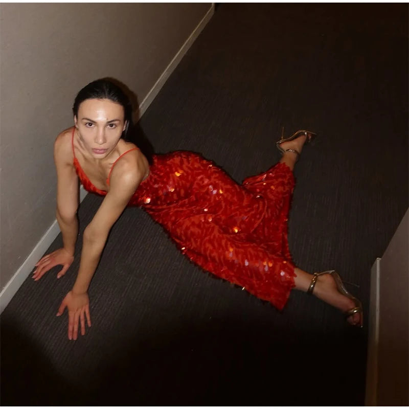 Women Sequin Sling Maxi Dress V-neck Solid Backless High Waist Sleeveless Dresses 2025 Fashion New Summer Lady Party Robes