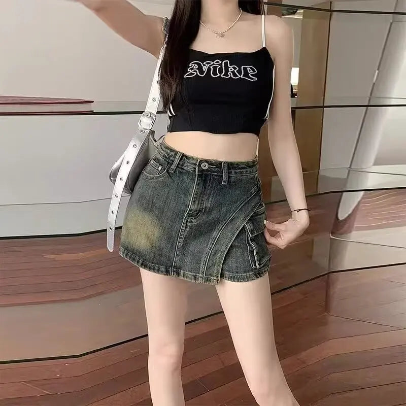High Waist Retro Irregular Denim Skirt Pants Women's Summer New Spice Girl Versatile Short Skirt Pants