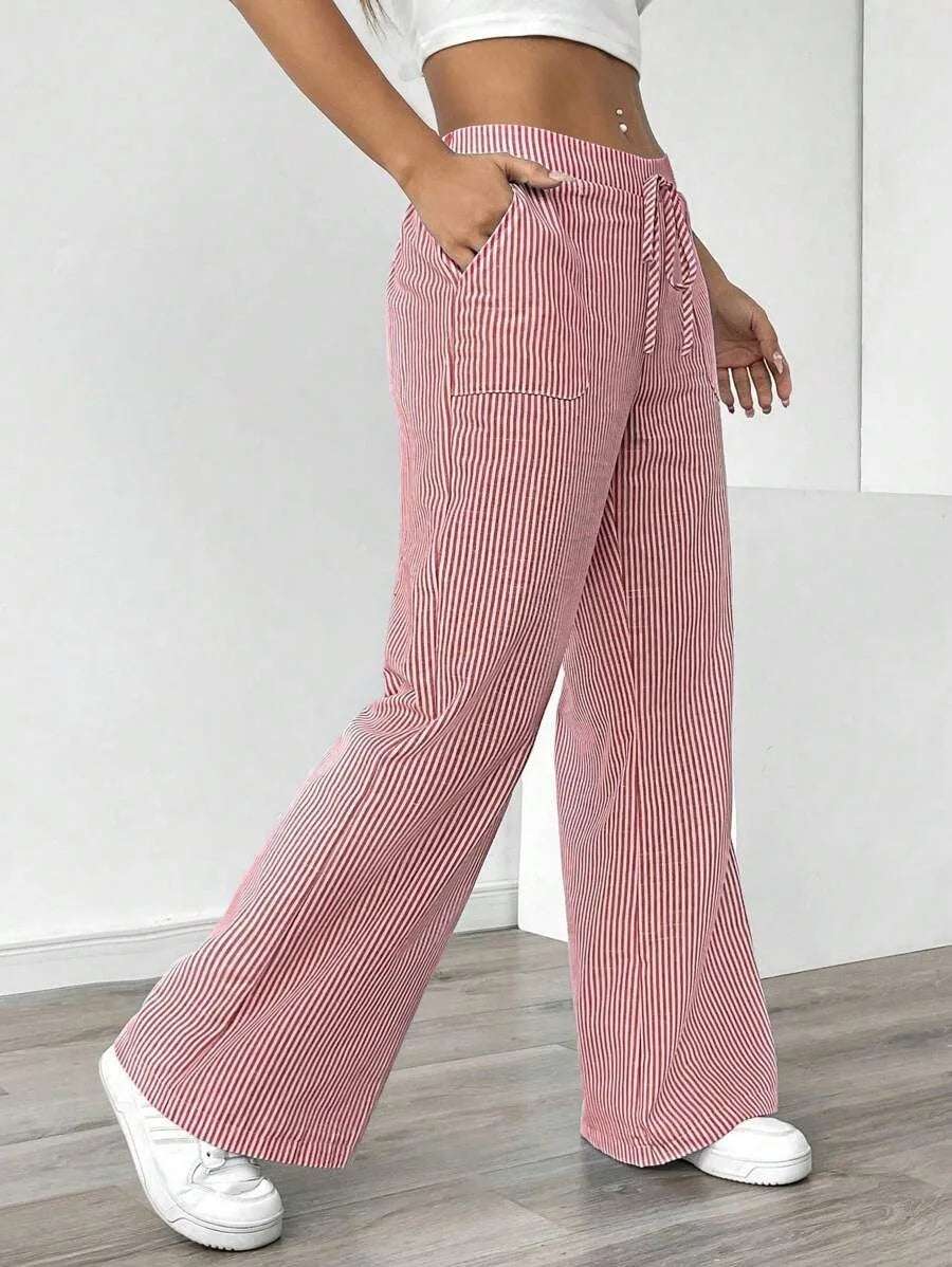 American Style Retro Vertical Stripe Drawstring Wide Leg Pants High Waist Dipping Loose Straight Casual Pants