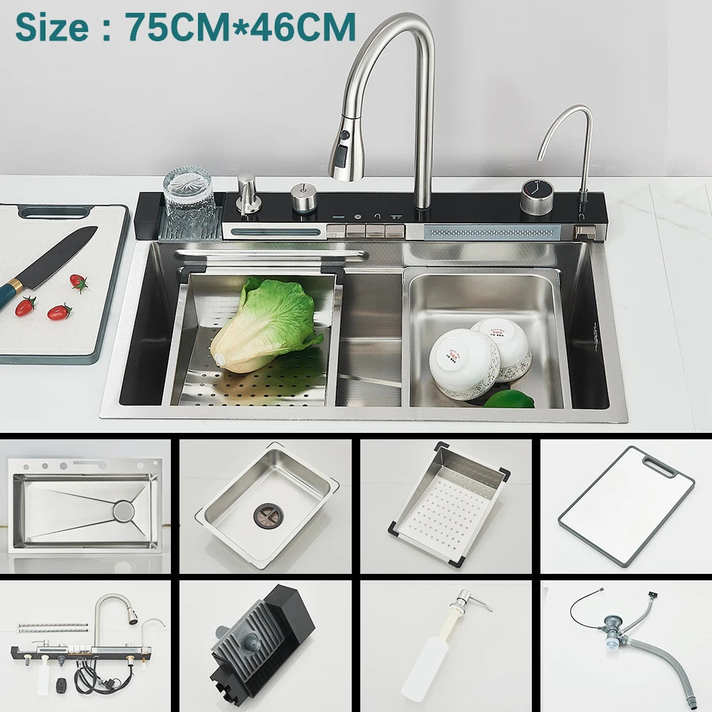 304 Stainless Steel Kitchen Waterfall Sink Digital Display Large Single Sink Dish Basin Sink With Multifunction Touch Waterfall