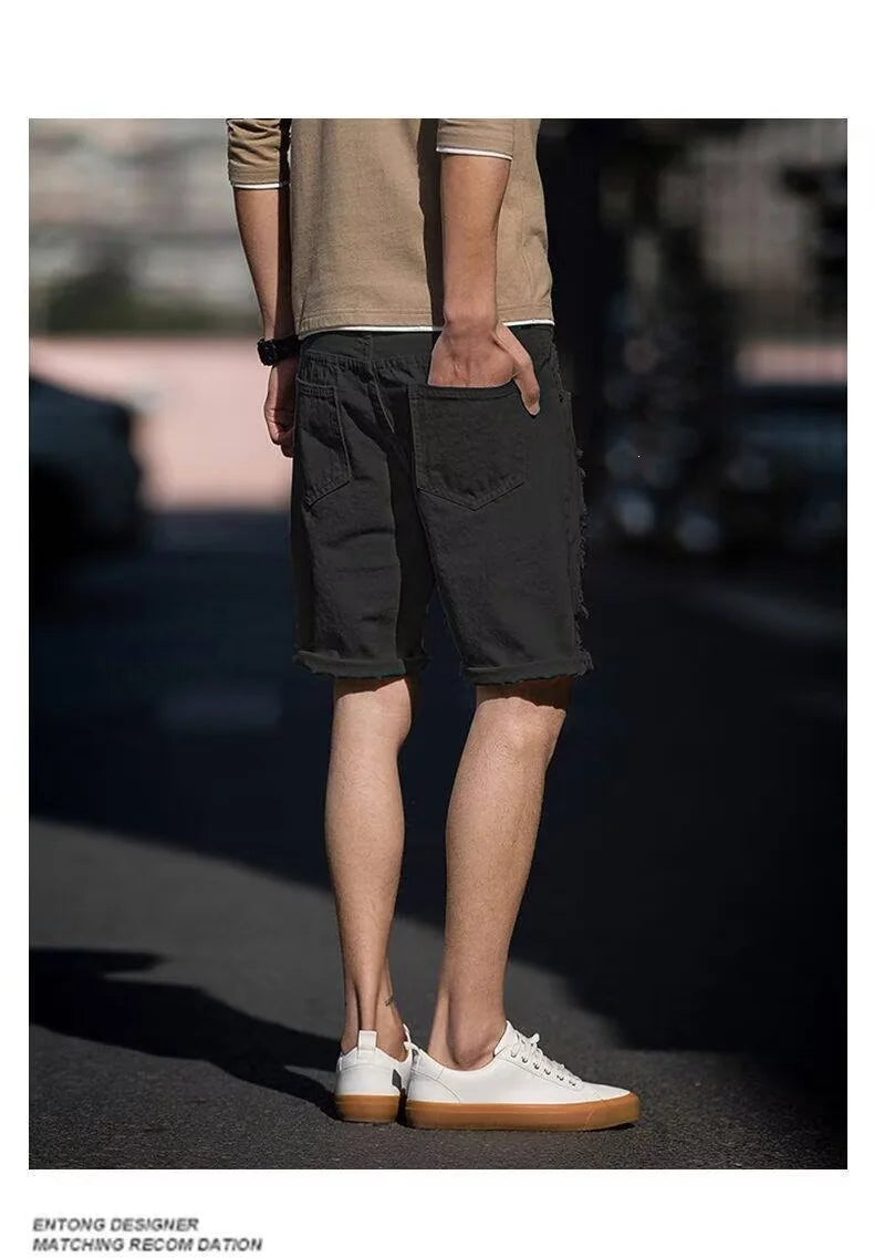 Men's Fashion Denim Shorts Summer Ripped Casual Denim Knee Length Solid Jeans Shorts White Classic Jeans Shorts Y2k Streetwear