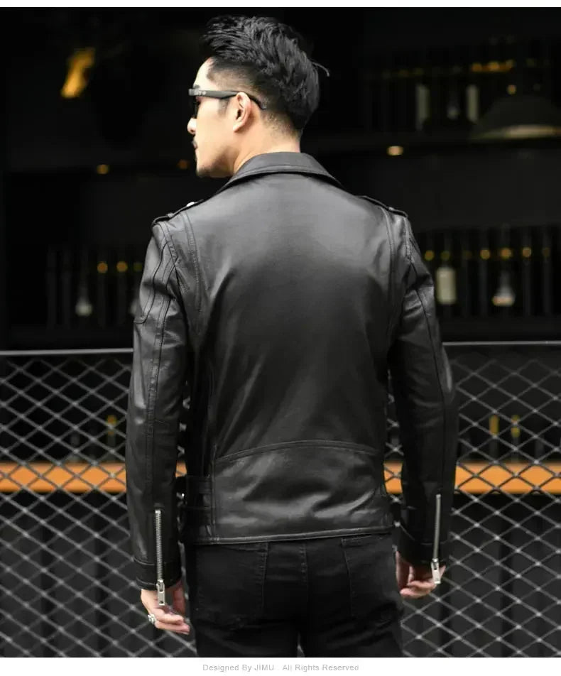 Cool Black Leather Biker Jacket Men Zipper Long Sleeve Belt Plus Size European Fashion brand leather jackets Spring Autumn Short