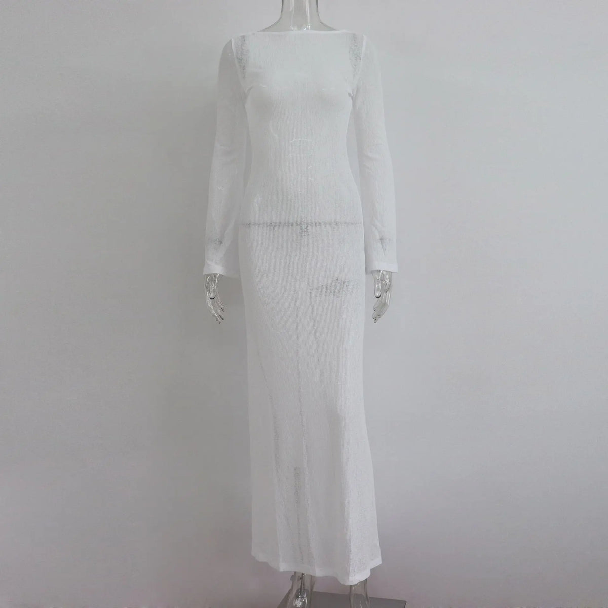 Women Summer Mesh Wrapped Dress Long Sleeve Round Neck See Through Sunscreen Solid Color Backless Beach Long Dress
