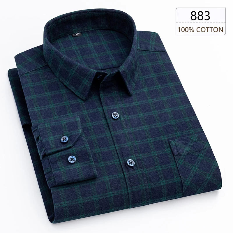 Men's Winter Chic Long Sleeve Shirt Cotton Flannel Plaid Button-Up Comfortable Warm Top for Business Casual Dress Shirts New