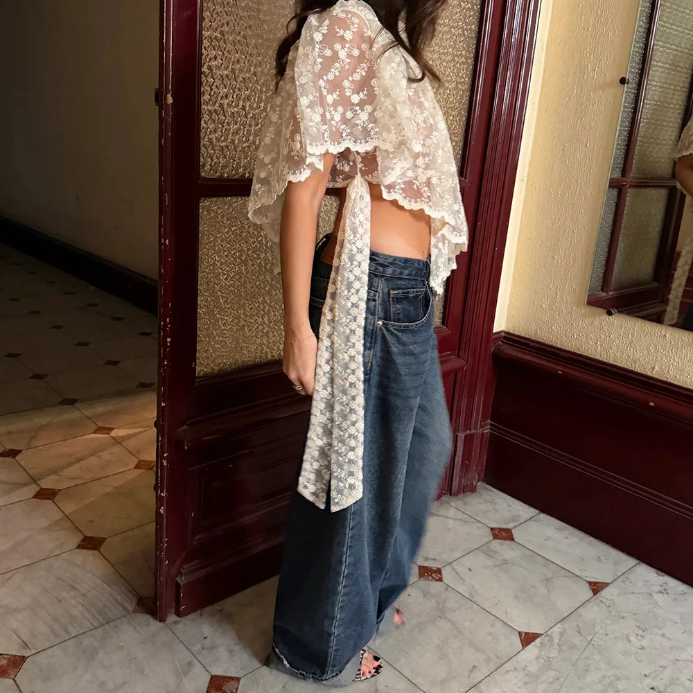 Women Summer Kawaii Grunge Lace Floral Embroidery T-Shirts Coquette Sexy Sheer Irregular Ruffles Flutter Sleeve Loose Shirts Top