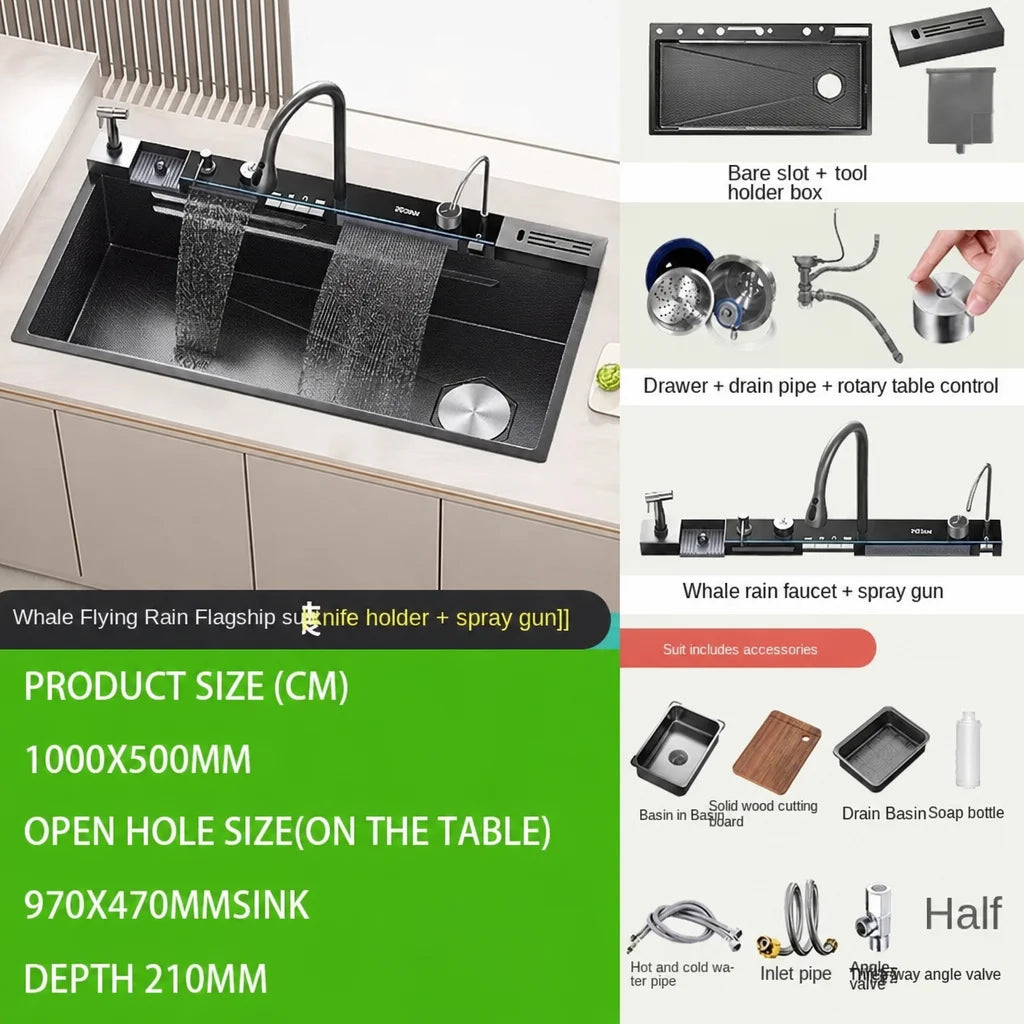 Hot Selling Stainless Steel Waterfall Kitchen Sink With Knife Holder Digital Display Faucet Set Embossed Extra Large Single Slot