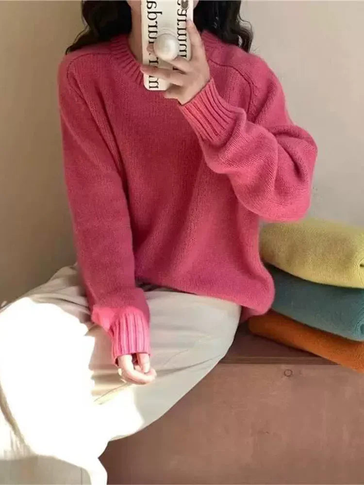 Purple O-Neck Long Sleeved Knitted Sweater Tops Casual Fashion New Knitwear Pullover Fall Winter Loose Soft Korean Jumpers