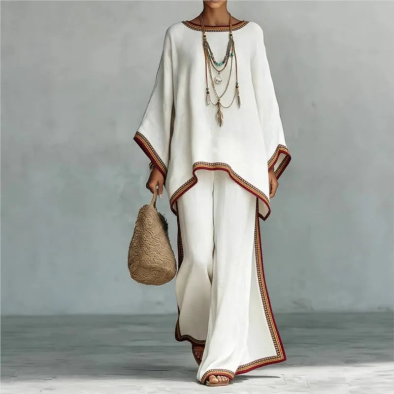 Bohemian Foreign Style Printed Women's Two-piece Set Spring Fashion O-neck Loose Top+wide Leg Pants Suit Ladies Office Outfit